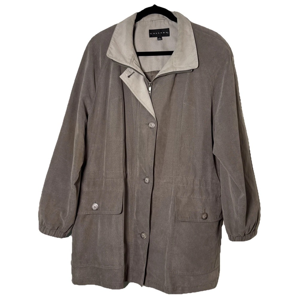 VTG Gallery Womens L Taupe Jacket Coat Drawstring Waist Zip Front Made Hong Kong